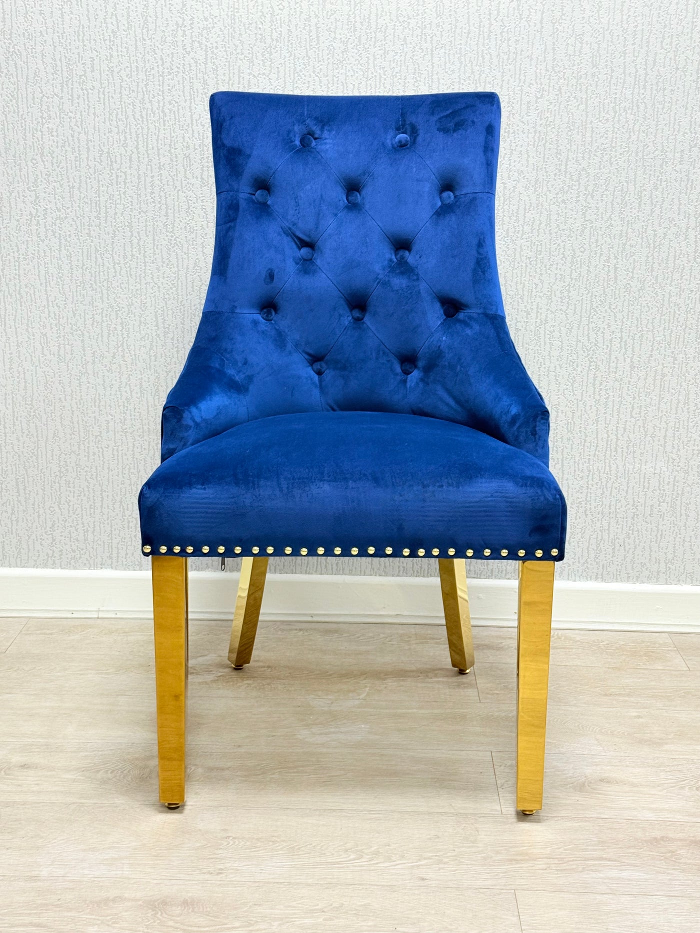 Majestic Blue Gold Lion Knocker Quilted Tufted Plush Velvet Dining Chair Gold Legs