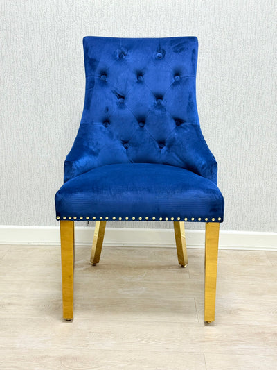 Majestic Blue Gold Lion Knocker Quilted Tufted Plush Velvet Dining Chair Gold Legs