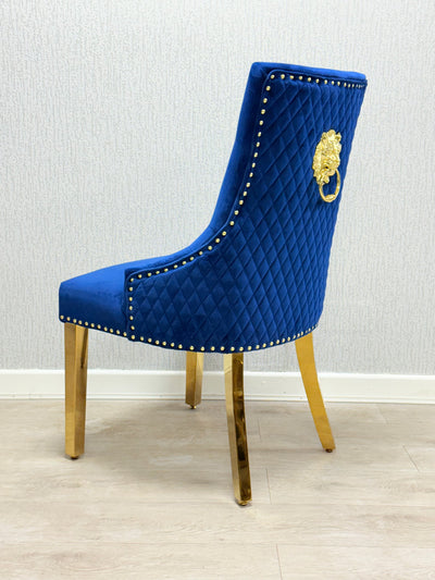 Majestic Blue Gold Lion Knocker Quilted Tufted Plush Velvet Dining Chair Gold Legs