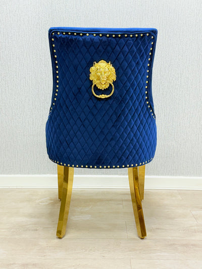 Majestic Blue Gold Lion Knocker Quilted Tufted Plush Velvet Dining Chair Gold Legs