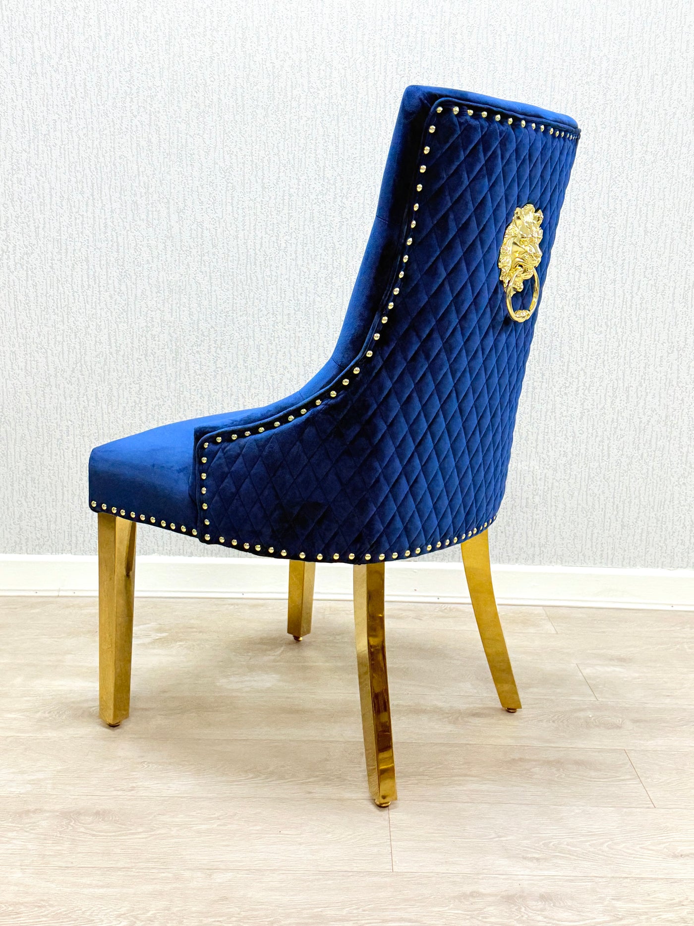 Majestic Blue Gold Lion Knocker Quilted Tufted Plush Velvet Dining Chair Gold Legs