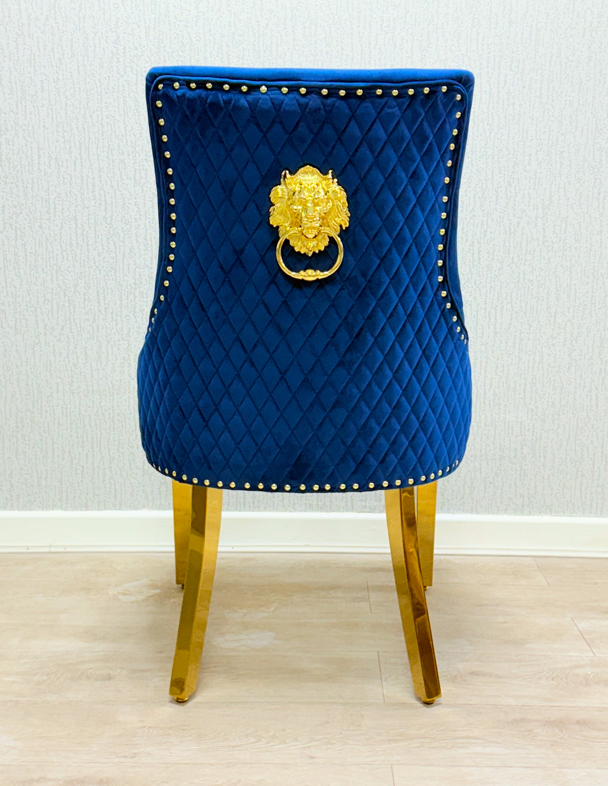 Majestic Blue Gold Lion Knocker Quilted Tufted Plush Velvet Dining Chair Gold Legs