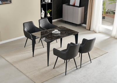 Miami 120cm Black Gold Dining Table With Ceramic Top + Grey PU Leather Dining Chairs