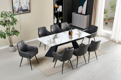 Chicago 160-200CM Cream Gold Extending Dining Table With Ceramic Top + Grey PU Leather Dining Chairs