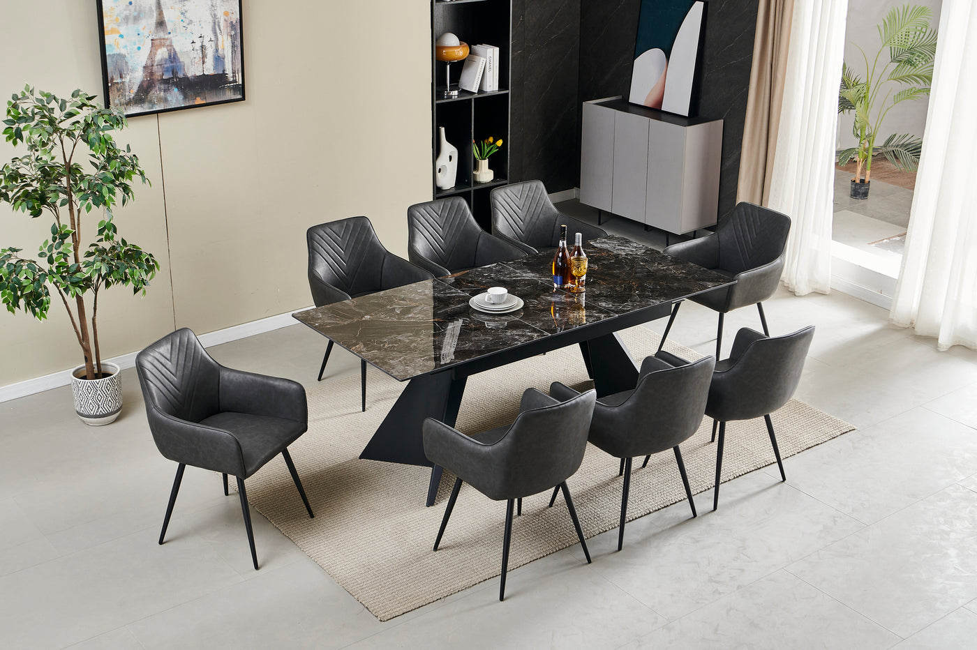 Chicago 160-200CM Black Gold Extending Dining Table With Ceramic Top + Grey PU Leather Dining Chairs