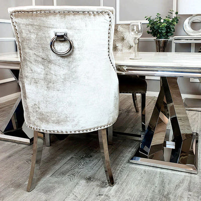 Venice 180cm Marble & Chrome Dining Table With Chrome Ring Knocker Velvet Chairs