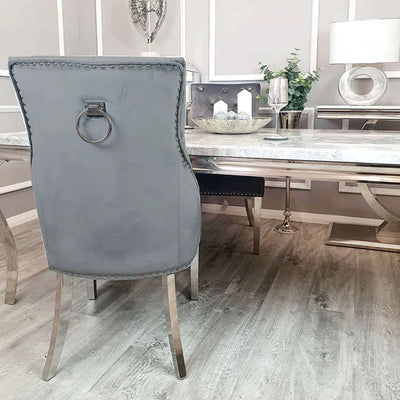 Ottavia 180cm Marble & Chrome Dining Table With Chrome Ring Knocker Velvet Chairs