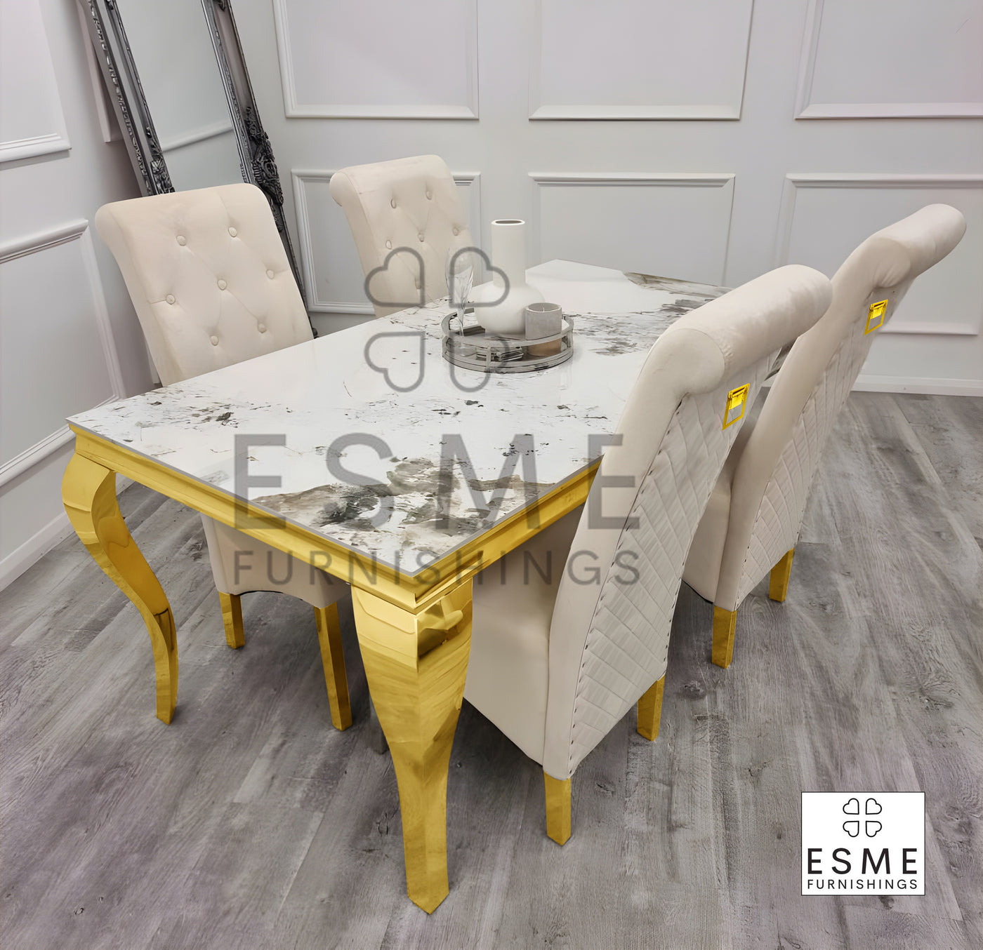Louis Pandora Gold Marble Dining Table With Lucy Slim Quilted Gold Ring Knocker Velvet Chairs