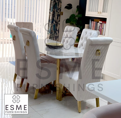 Lucien 180cm Gold Dining Table With Lucy Gold Velvet Ring Dining Chairs