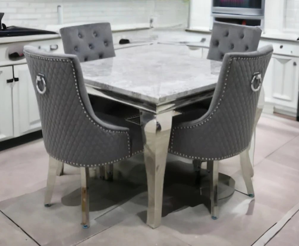 Louis 100CM Marble & Chrome Dining Table With Round Knocker Grey Quilted Velvet Chairs