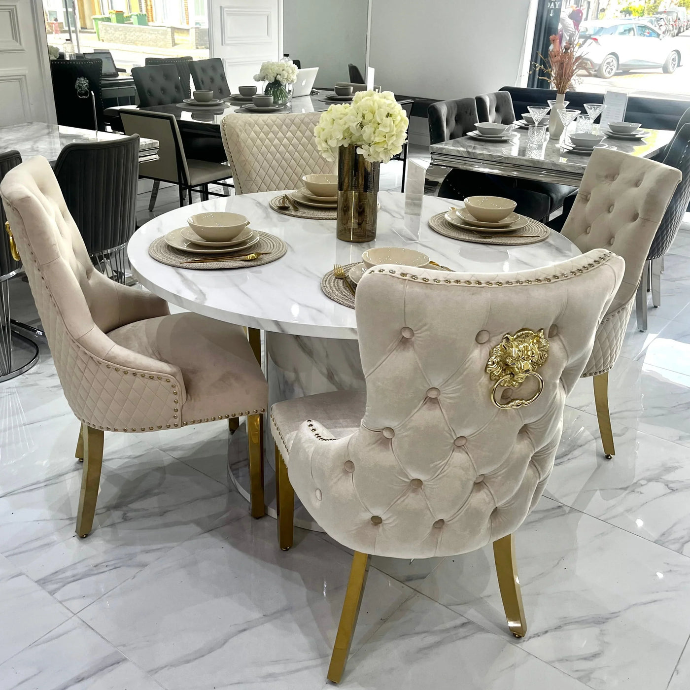 Capri 110cm White Marble Effect Dining Table + Victoria Shimmer Lion Dining Chair