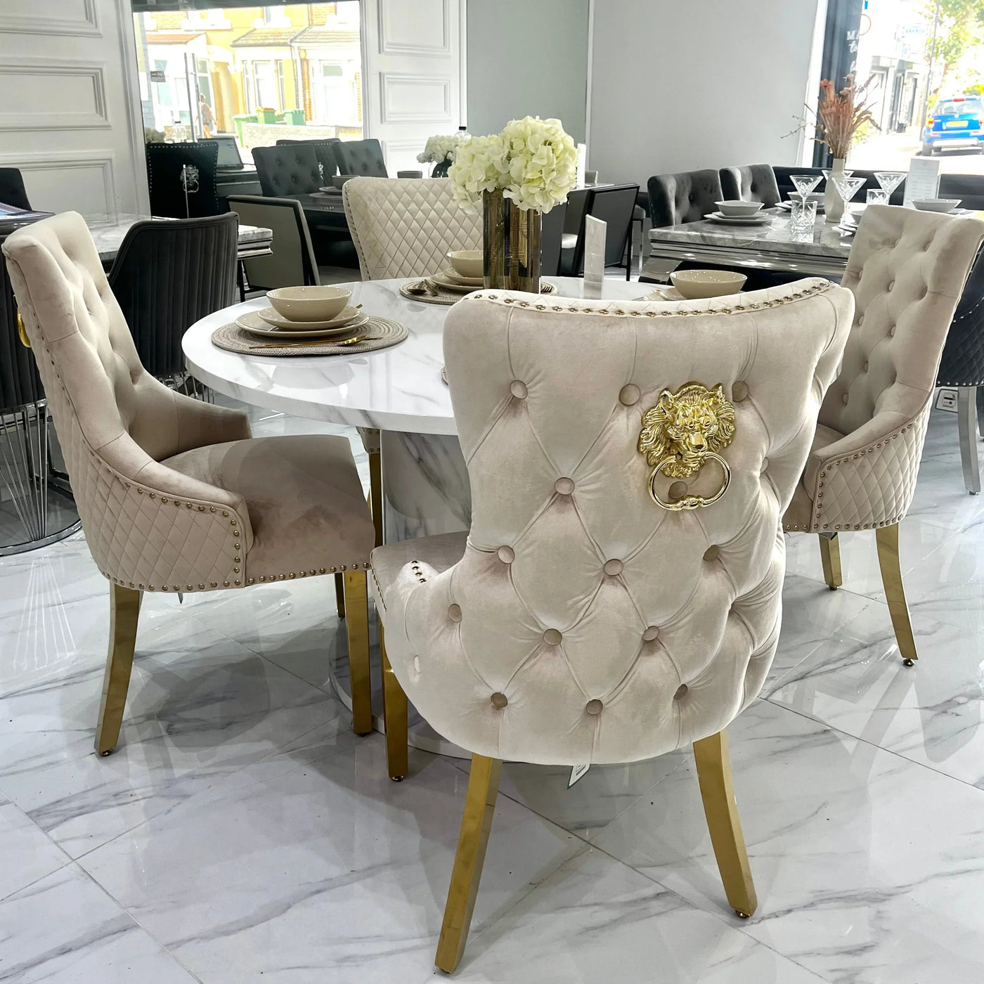 Capri 110cm White Marble Effect Dining Table + Victoria Shimmer Lion Dining Chair