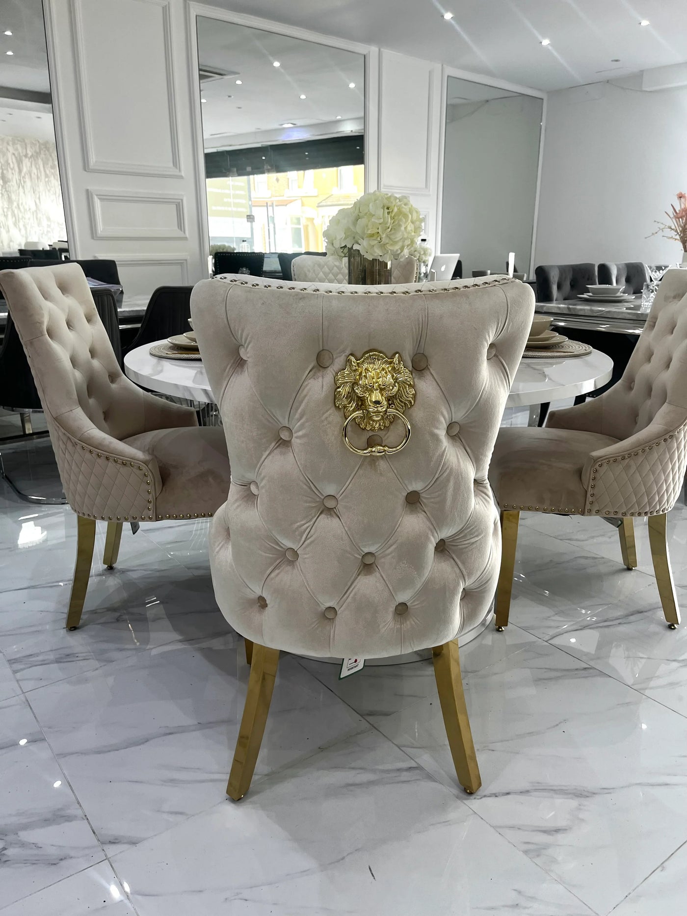 Capri 110cm White Marble Effect Dining Table + Victoria Shimmer Lion Dining Chair