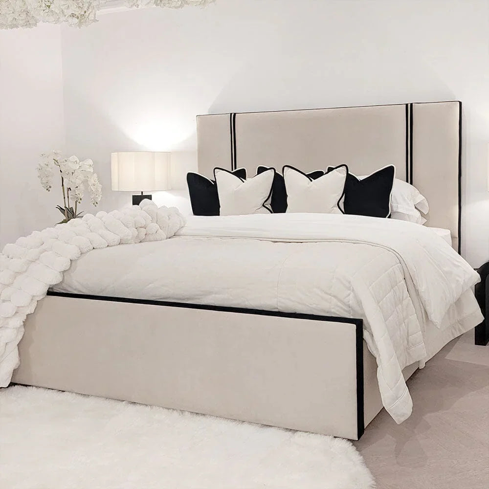 Serene Velvet Luxury Bed with Contrast Black Piping