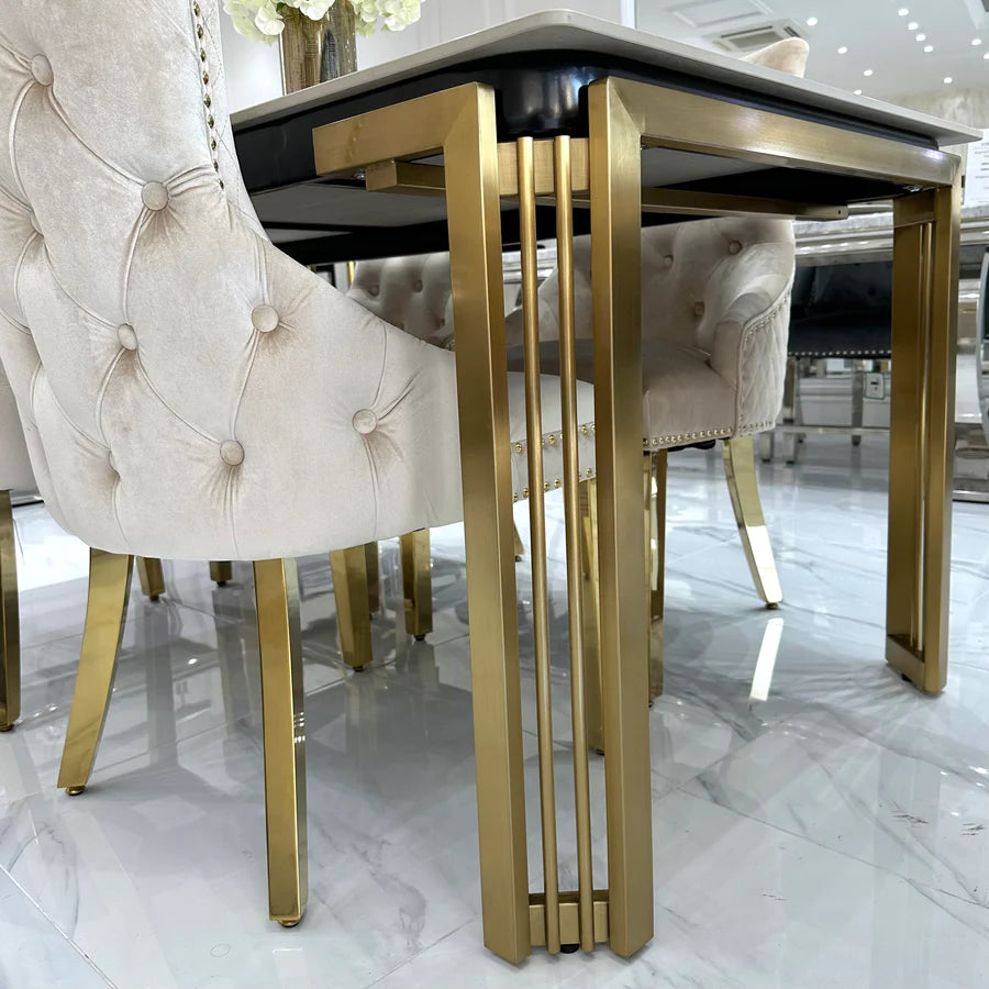 Sorrento 150cm Gold Dining Table with White Ceramic Marble Top + Cream/Gold Lion Knocker Velvet Chairs