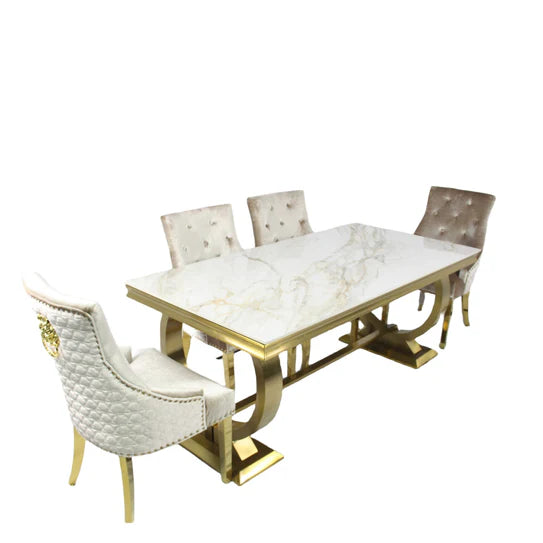 Arianna 180CM Kasi Gold Marble Dining Table With Gold Lion Knocker Dining Chairs