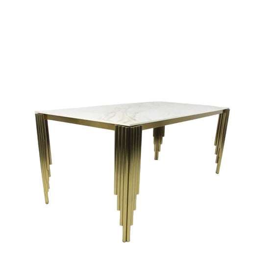 Mayfair 180CM Gold Marble Dining Table With Grey Gold Ring Handle Dining Chairs