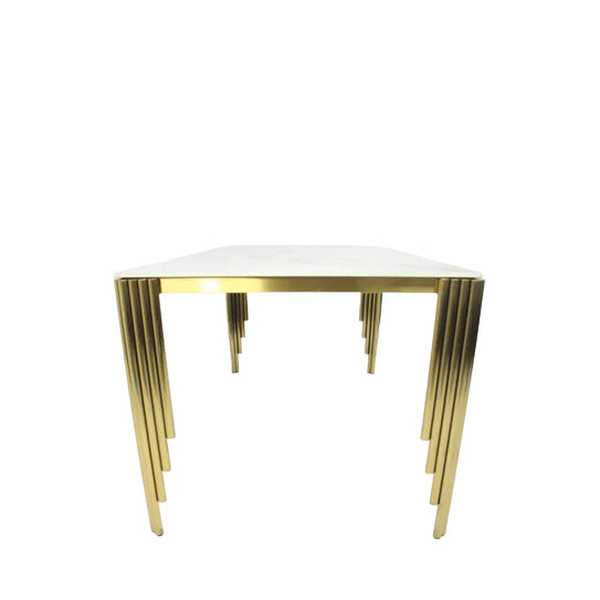 Mayfair 180CM Gold Marble Dining Table With Grey Gold Ring Handle Dining Chairs