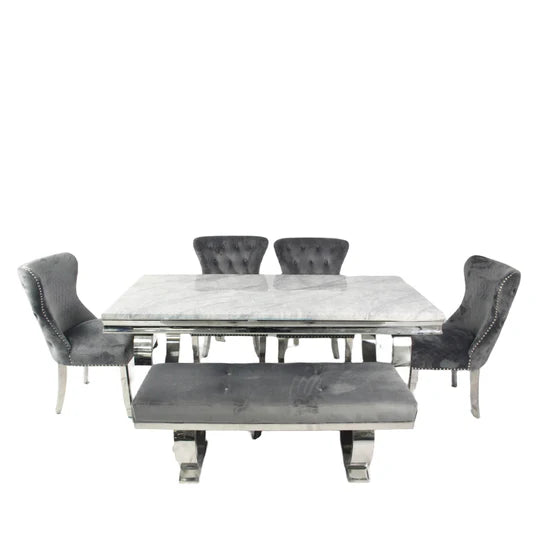 Arianna Marble & Chrome Dining Table With Valente Lion Knocker Velvet Chairs & Bench