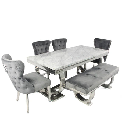 Arianna Marble & Chrome Dining Table With Valente Lion Knocker Velvet Chairs & Bench