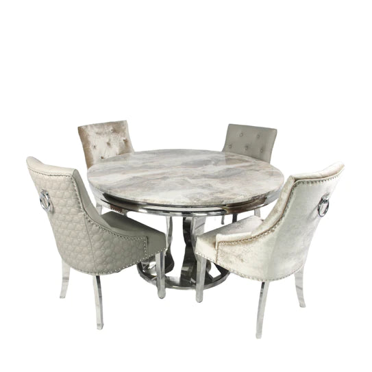 Arial 130cm Marble Round Dining Table With Shimmer Chrome Ring Knocker Chairs