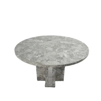 Minsk 130cm Grey Marble Round Dining Table + Chrome Lion Knocker Velvet Chairs