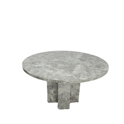 Minsk 130cm Grey Marble Round Dining Table + Chrome Lion Knocker Velvet Chairs