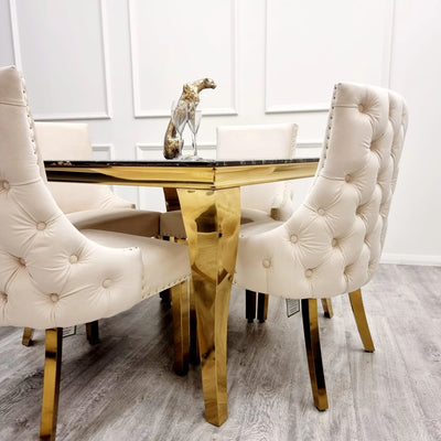 Louis Black/Gold Marble Dining Table With Kensington Cream/Gold Velvet Chairs