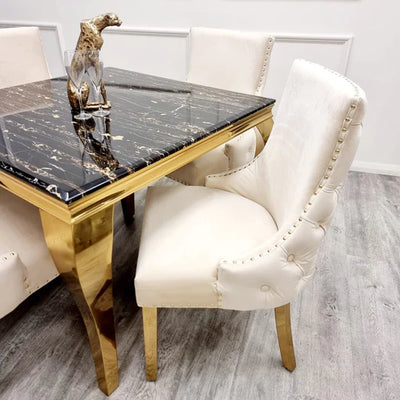 Louis Gold Marble Dining Table With Kensington Cream Gold Velvet Chairs