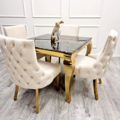 Louis Gold Marble Dining Table With Kensington Cream Gold Velvet Chairs