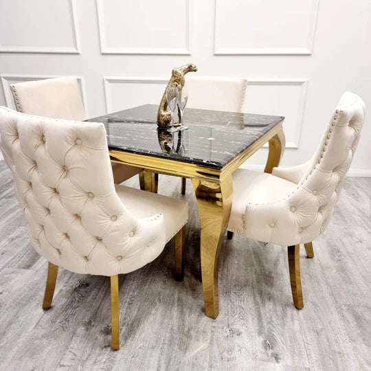 Louis Black/Gold Marble Dining Table With Kensington Cream/Gold Velvet Chairs