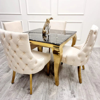 Louis Black/Gold Marble Dining Table With Kensington Cream/Gold Velvet Chairs