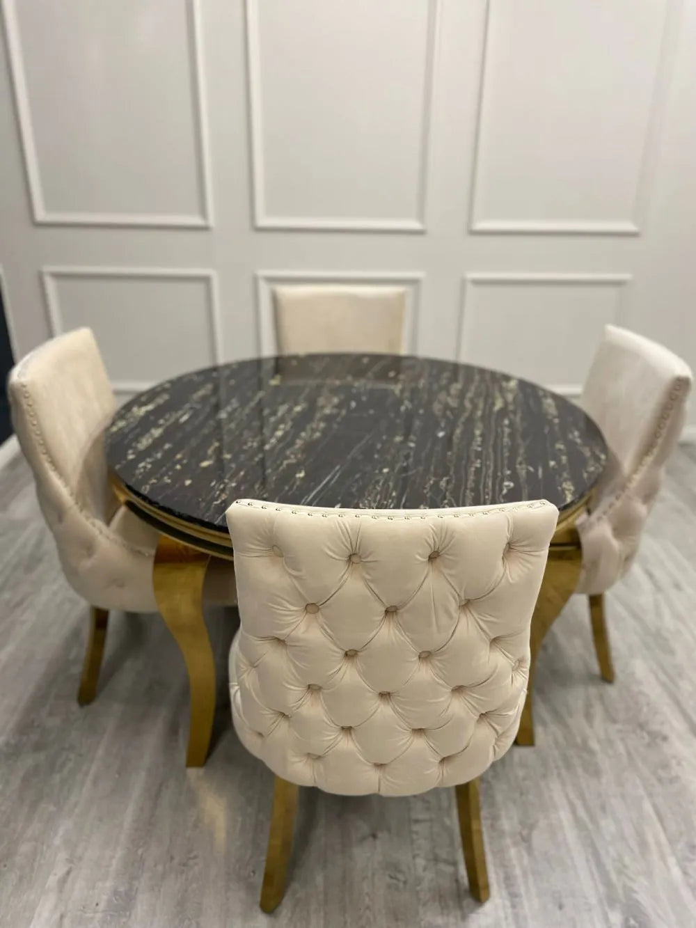 Louis 130cm Gold Round Marble Dining Table With Kensington Cream/Gold Velvet Dining Chairs