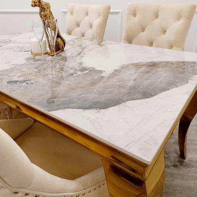 Louis Pandora Gold Marble Dining Table With Lucy Slim Quilted Gold Ring Knocker Velvet Chairs