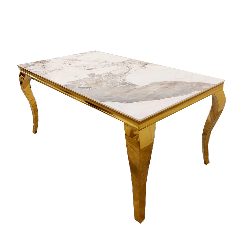 Louis Marble & Gold Dining Table With Lucy Slim Quilted Gold Ring Square Knocker Velvet Chairs