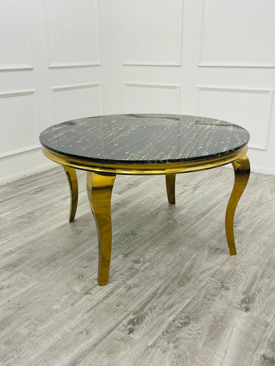 PROMO Louis Black/Gold 130cm Round Marble Dining Table With 4 Black & Gold Lion Knocker Velvet Chairs