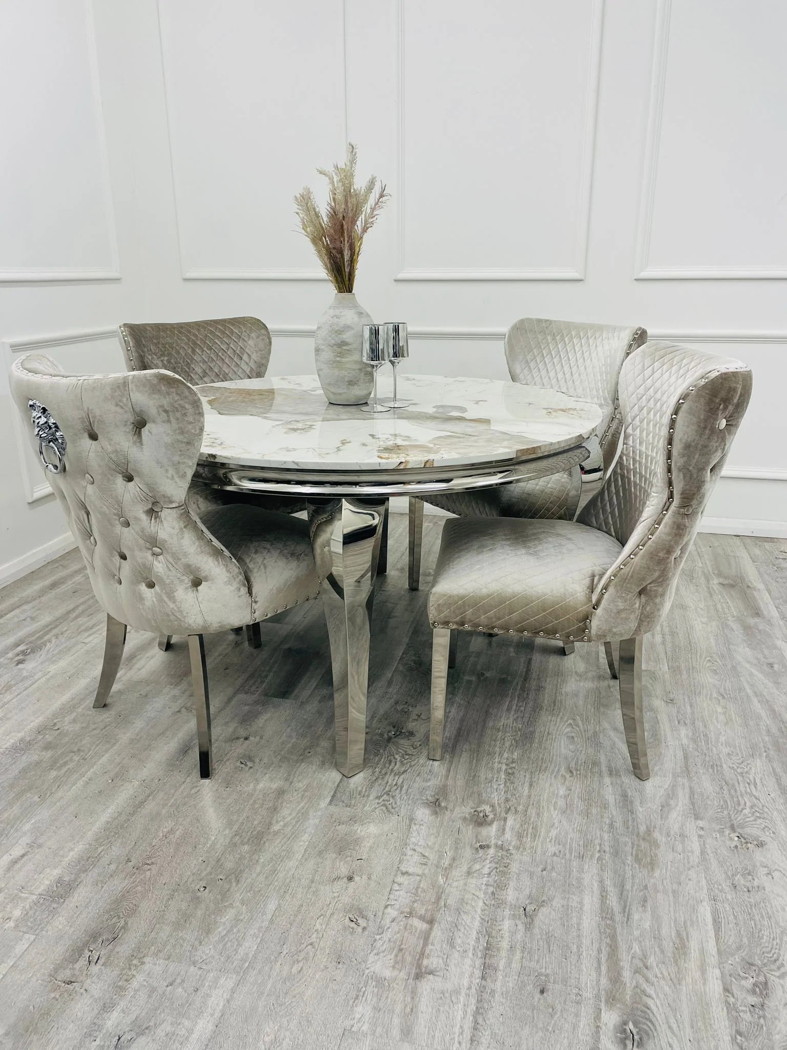 Louis 130cm Round Pandora Bronze Marble Chrome Dining Table And Valent ...