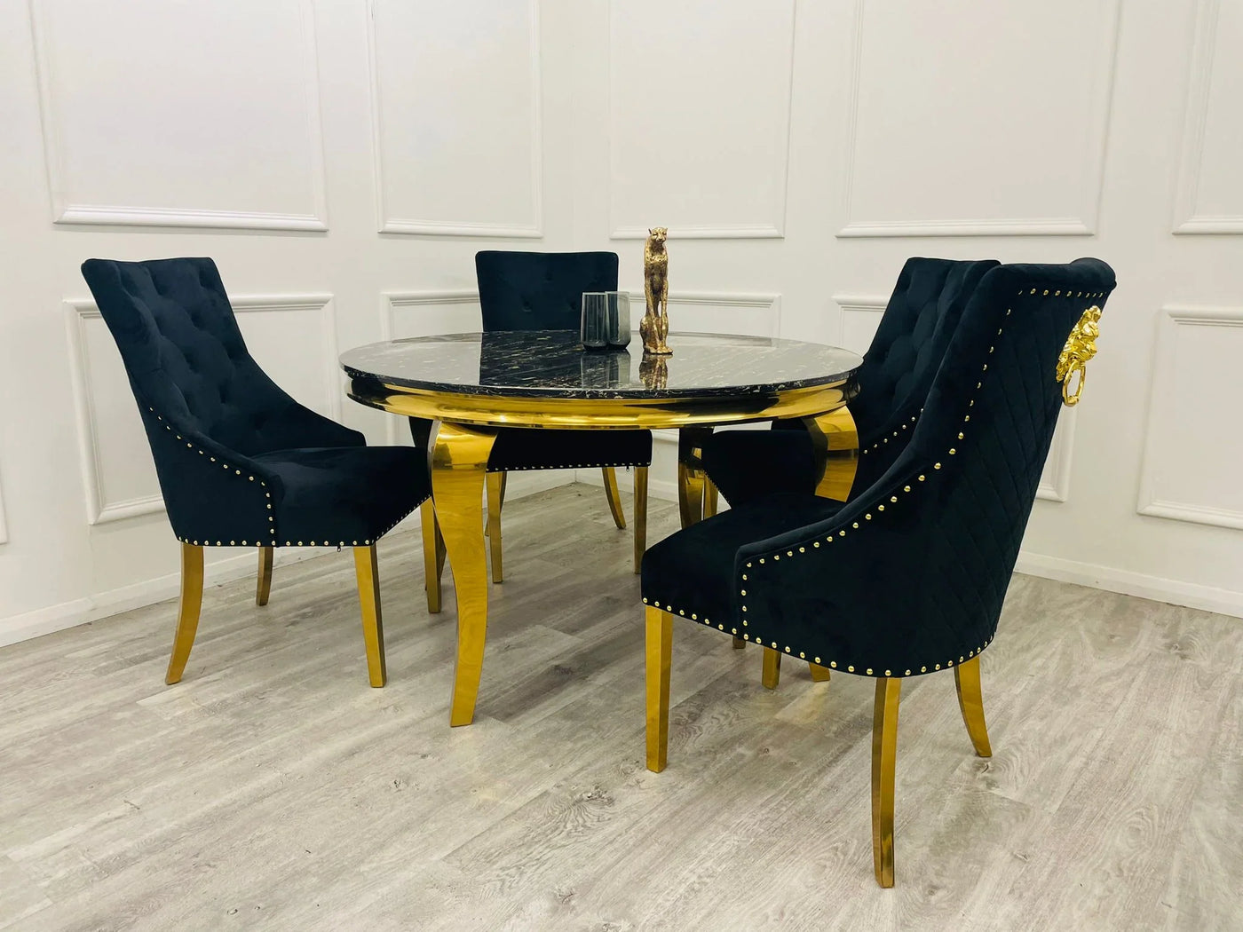 Louis 130cm Gold Round Marble Dining Table + Black Gold Lion Dining Chairs
