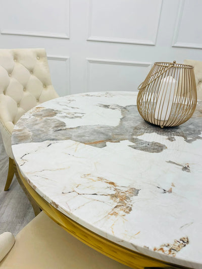 Louis 130cm Gold Round Marble Dining Table + Gold Lion Dining Chairs