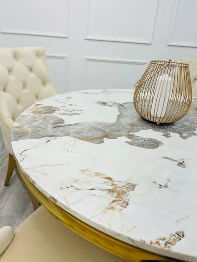 Louis 130cm Gold Round Marble Dining Table + Kensington Cream/Gold Velvet Dining Chairs
