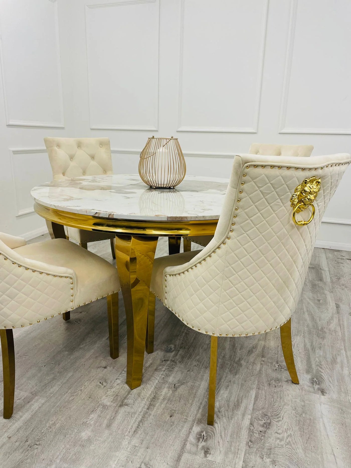 Louis 130cm Round Pandora Bronze Marble Gold Dining Table + Majestic Gold Lion Dining Chairs