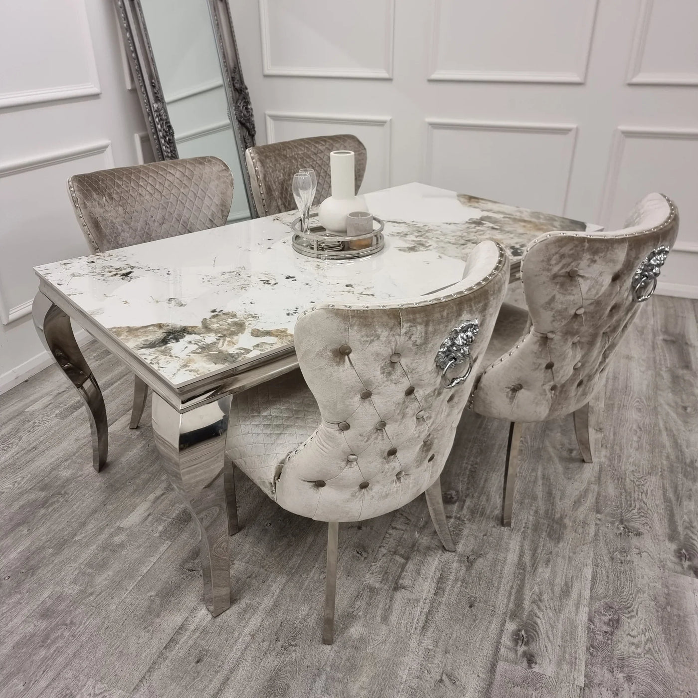 Louis 150cm Marble & Chrome Dining Table With Valente Velvet Chrome Lion Quilted Knocker Chairs