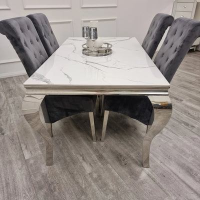 Louis 160cm White Marble & Chrome Dining Table With Lucy Slim Quilted Lion Knocker Velvet Chairs