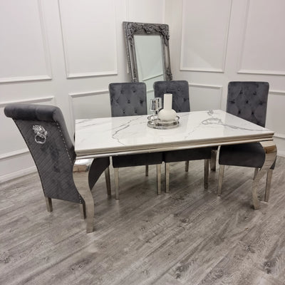 Louis 160cm White Marble & Chrome Dining Table With Lucy Slim Quilted Lion Knocker Velvet Chairs