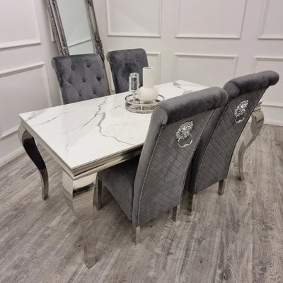 Louis 160cm White Marble & Chrome Dining Table With Lucy Slim Quilted Lion Knocker Velvet Chairs