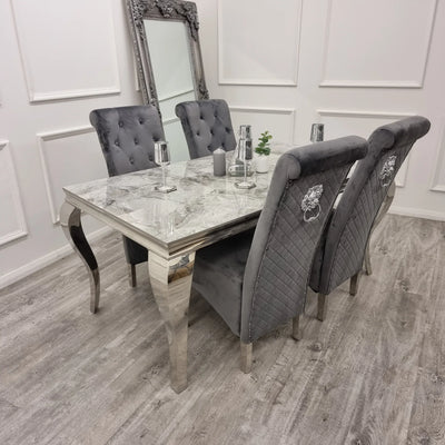 Louis Marble & Chrome Dining Table With Lucy Slim Quilted Lion Knocker PU Leather Chairs