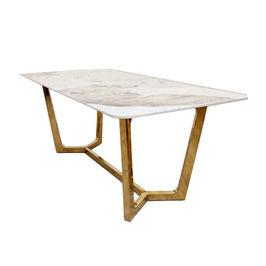 Lucien 180cm Gold Dining Table With Carlton Cream/Gold Velvet Dining Chairs