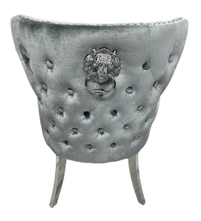 Louis 180cm Grey Marble Dining Table + Valente Light Silver Grey Lion Knocker Velvet Chairs