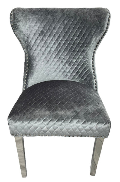 Louis 180cm Grey Marble Dining Table + Valente Light Silver Grey Lion Knocker Velvet Chairs