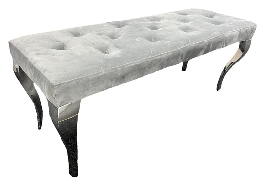 Louis Marble & Chrome Dining Table With Grey Quilted Lion Knocker Velvet Chairs & Bench